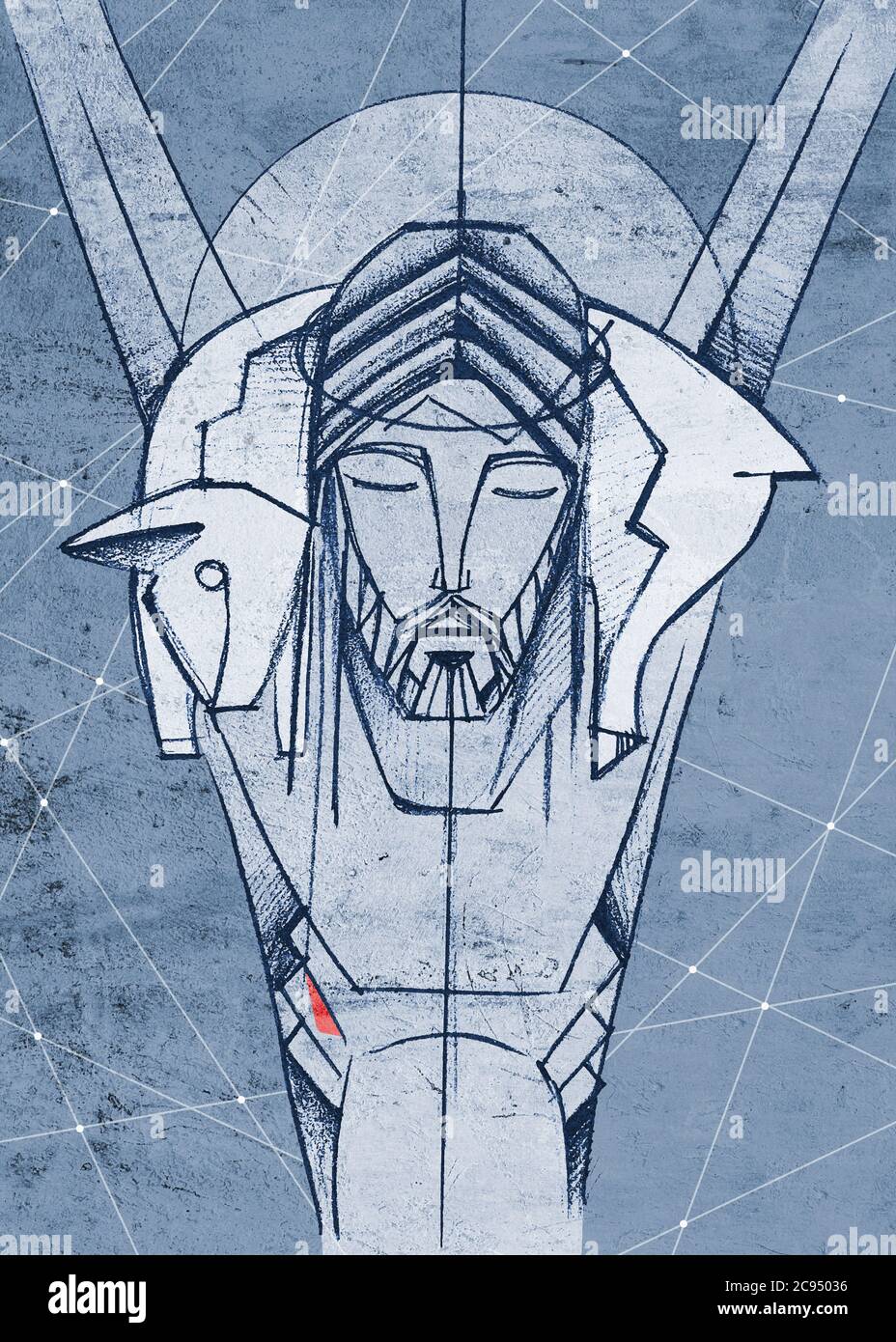 Hand drawn illustration or drawing of Jesus Christ Shepherd at the Cross Stock Photo