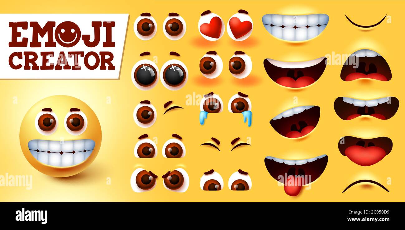 Emoji smileys creator happy vector set. Emojis emoticon character kit in editable faces with different feelings and emotion for sign and symbol design Stock Vector