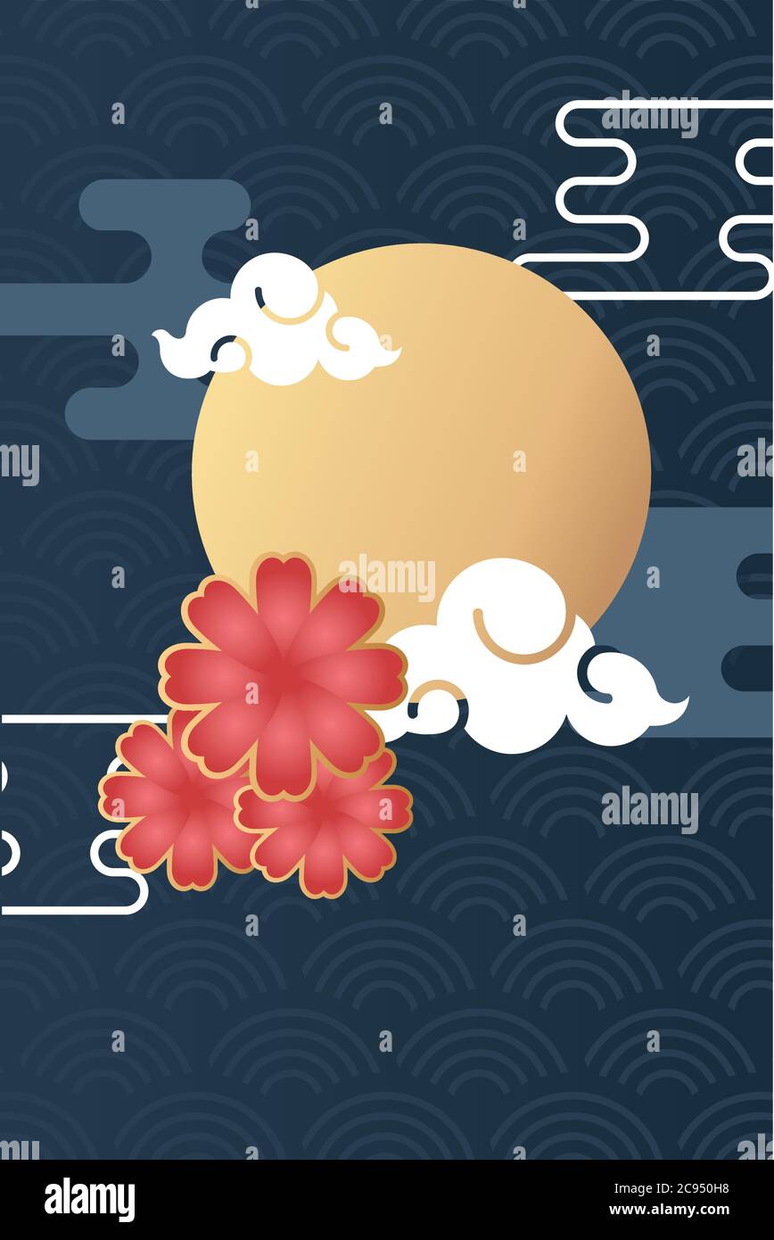 mid autumn festival poster with moon and flowers vector illustration ...