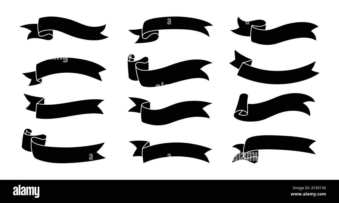 Ribbon black glyph set. Decorative tape bent on one side icons ...