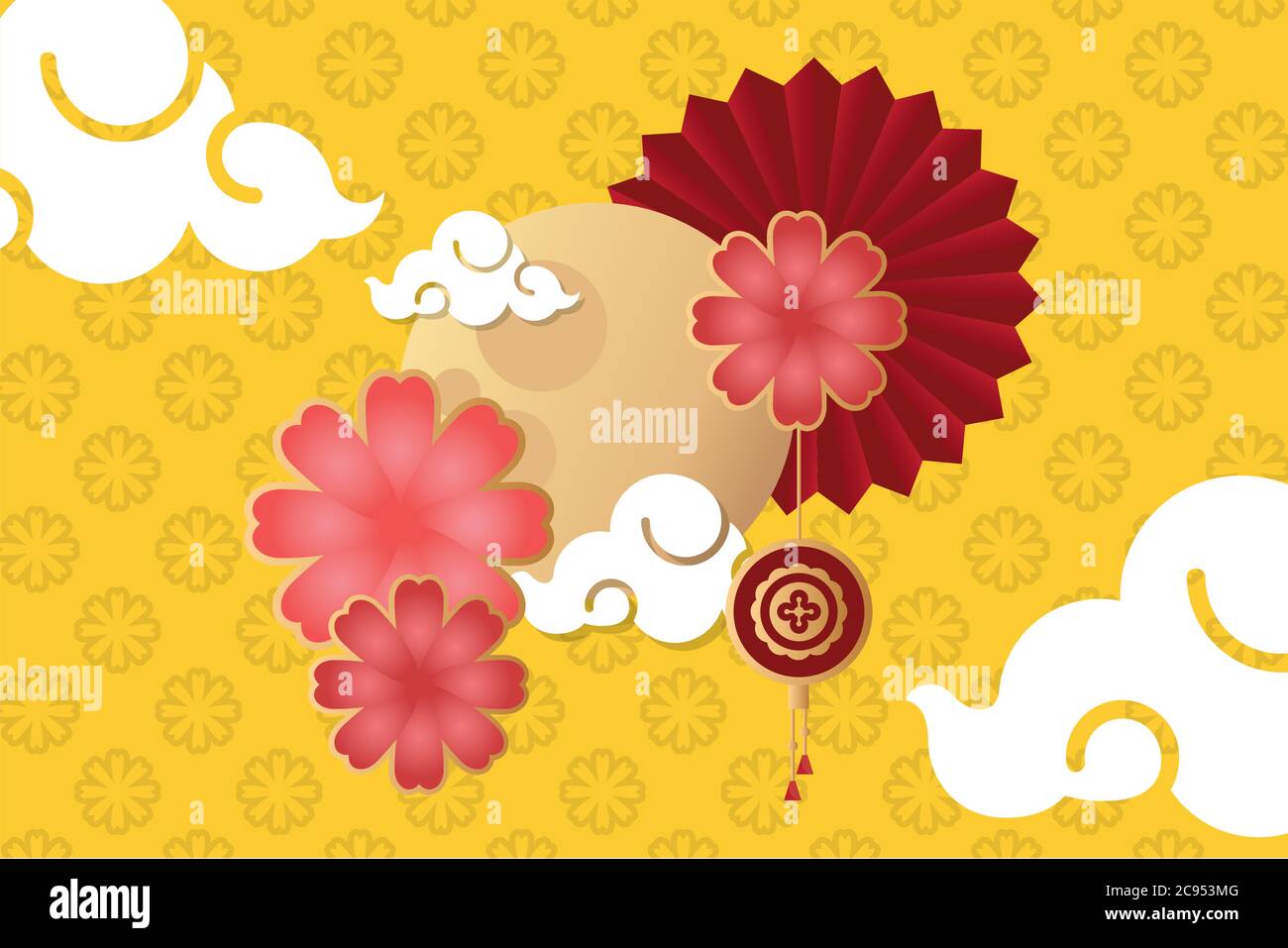 mid autumn festival poster with moon and flowers vector illustration ...