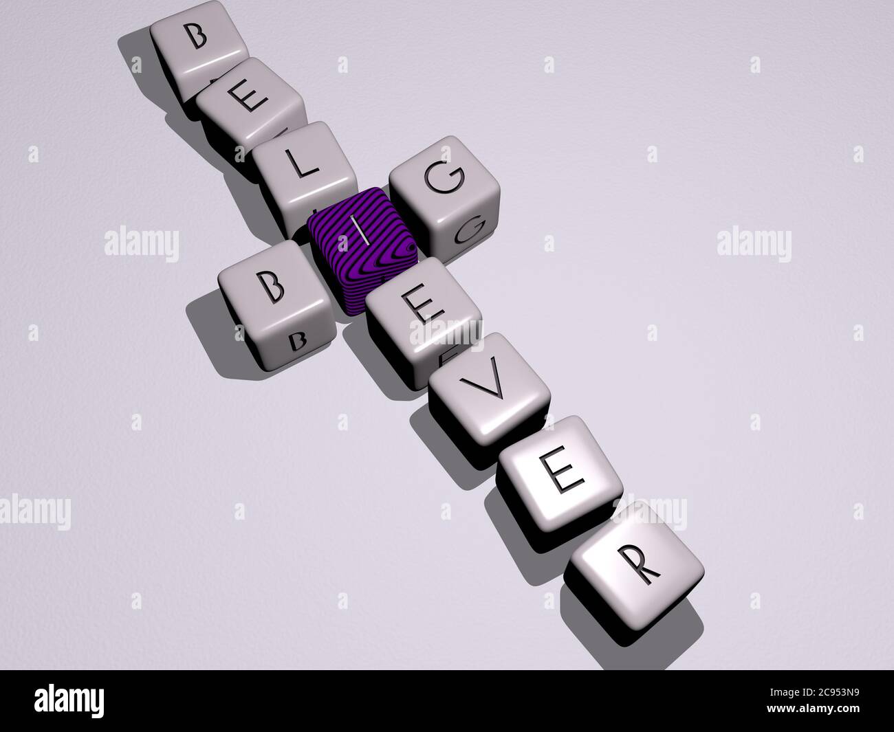 crosswords of BIG BELIEVER arranged by cubic letters on a mirror floor