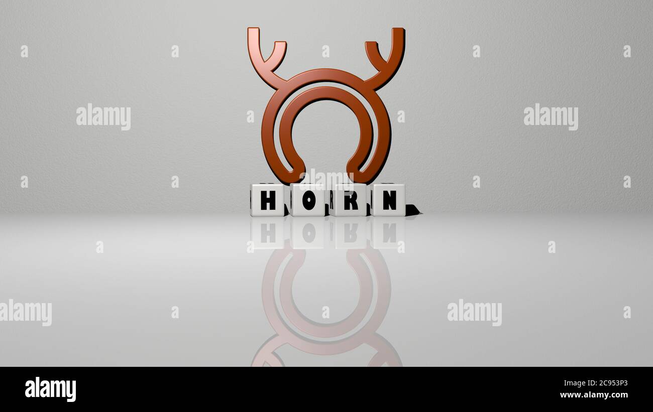 3D graphical image of horn vertically along with text built by metallic cubic letters from the top perspective, excellent for the concept presentation and slideshows. illustration and animal Stock Photo