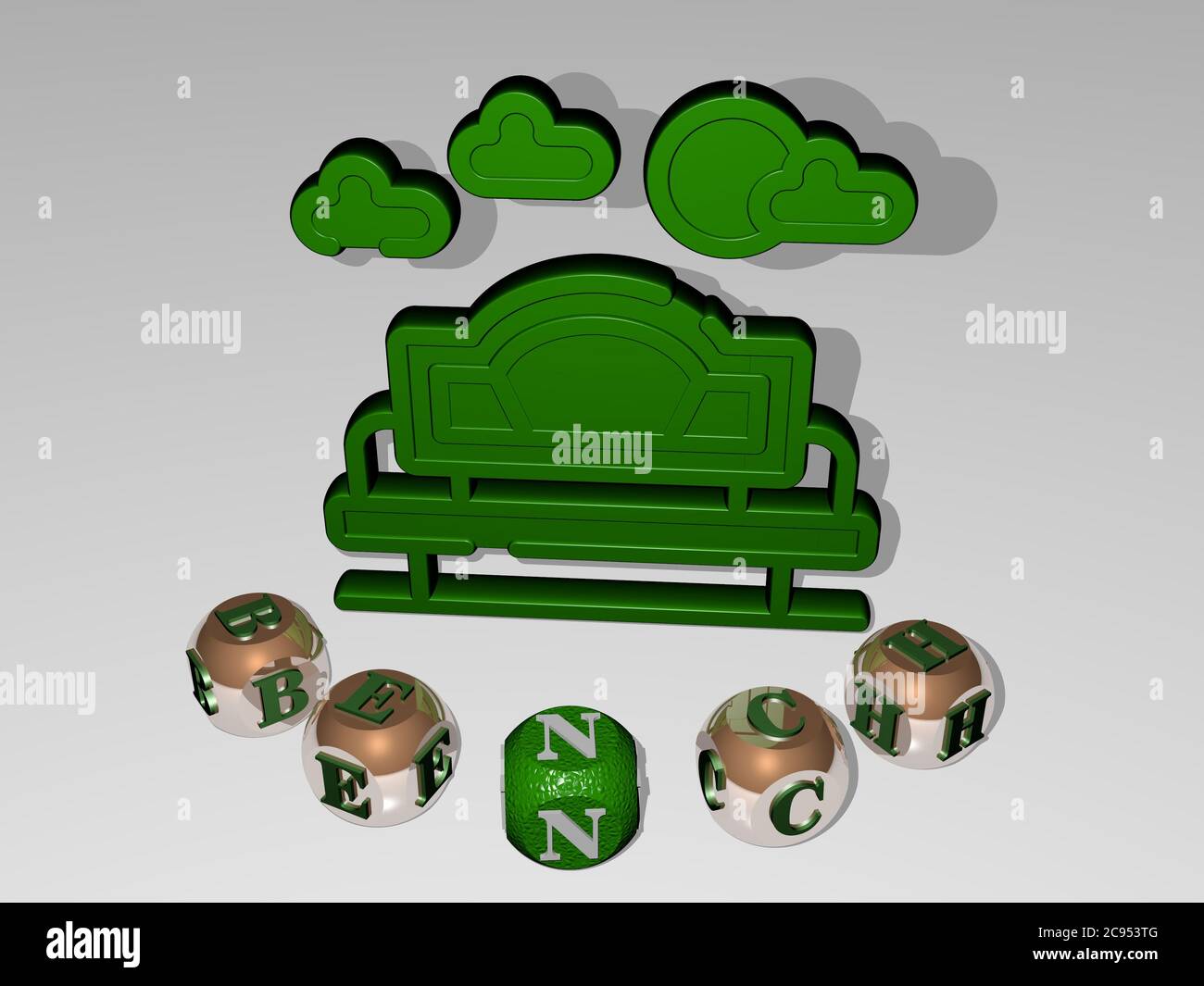 3D representation of bench with icon on the wall and text arranged by ...