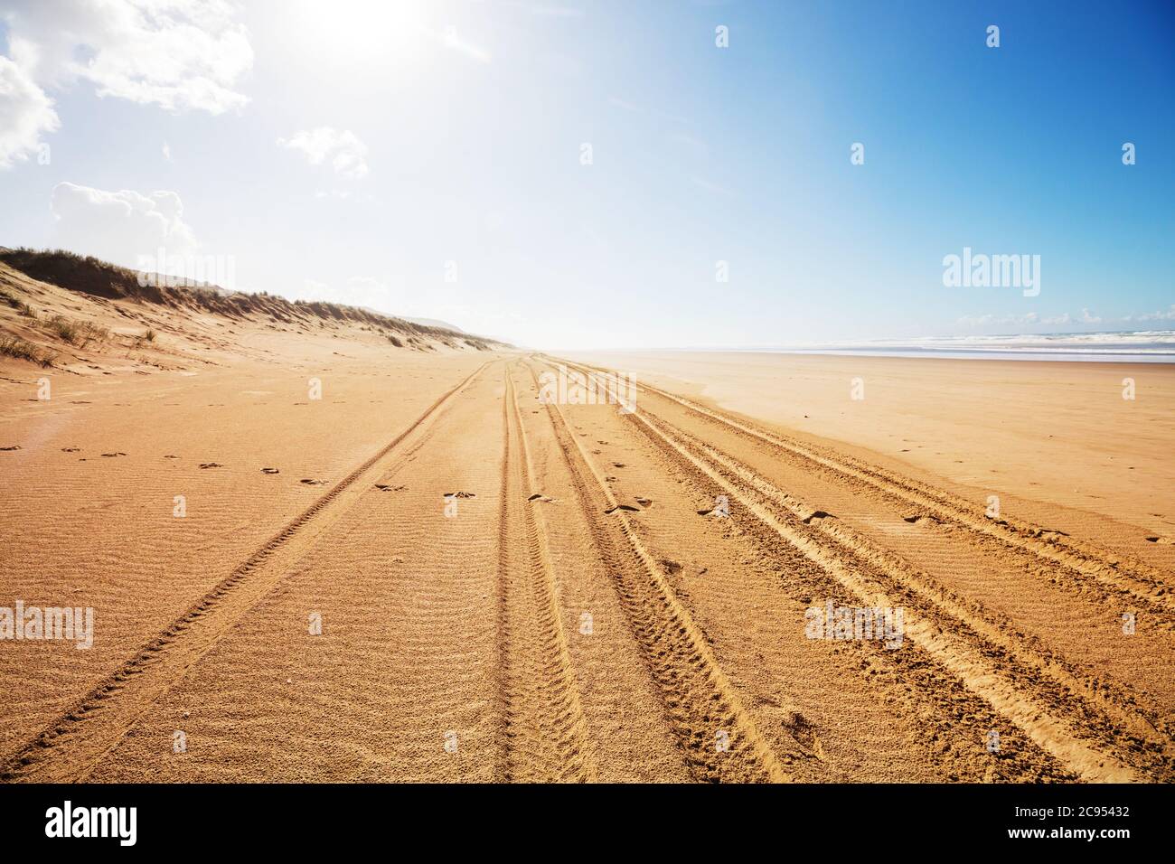 tyre tracks on sandy beach in Pacific coast, New Zealand Stock Photo