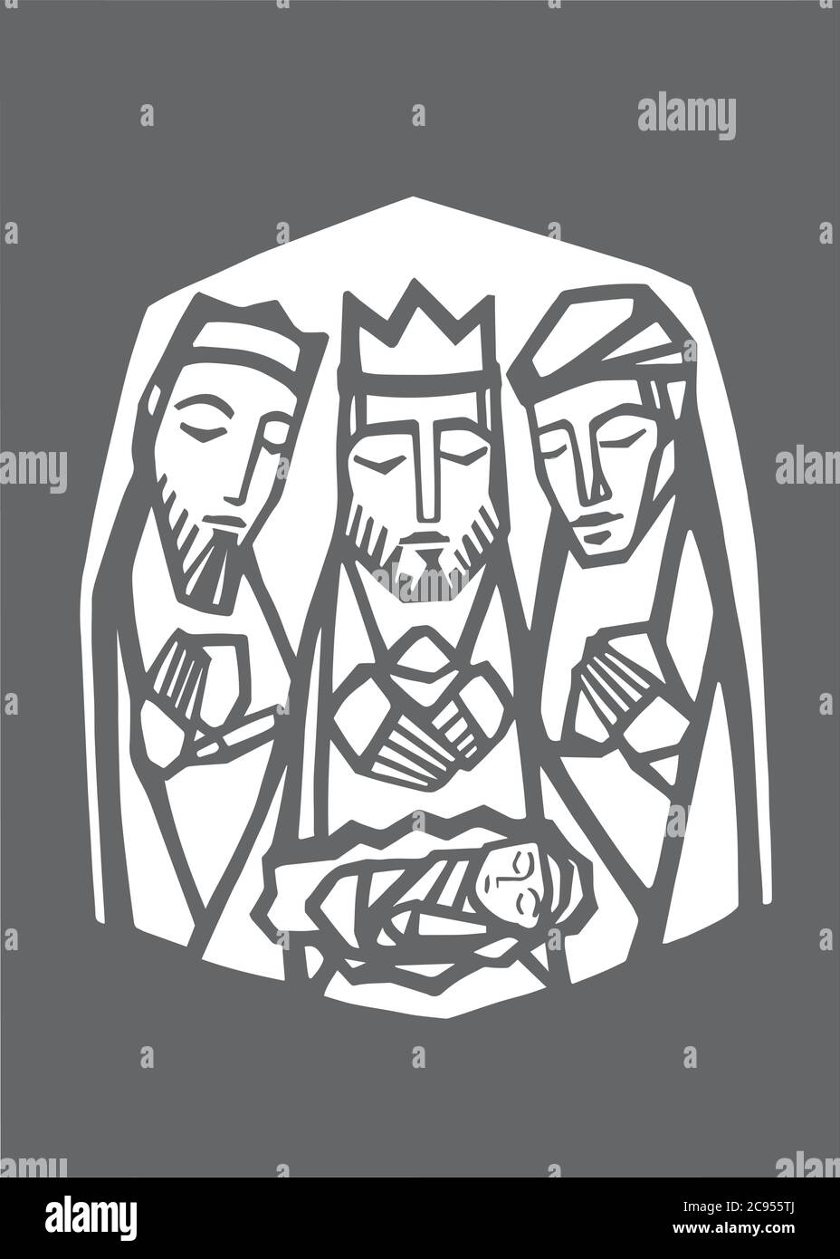 Hand drawn illustration or drawing of the three wise men and baby Jesus ...