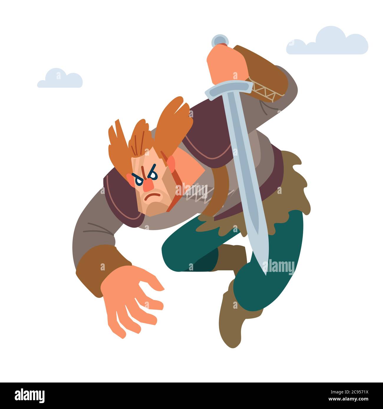 Viking. Warrior Northerner. Medieval young Viking in armor attacks with sword. Vector isolated on white background with dragon. Flat style Stock Vector