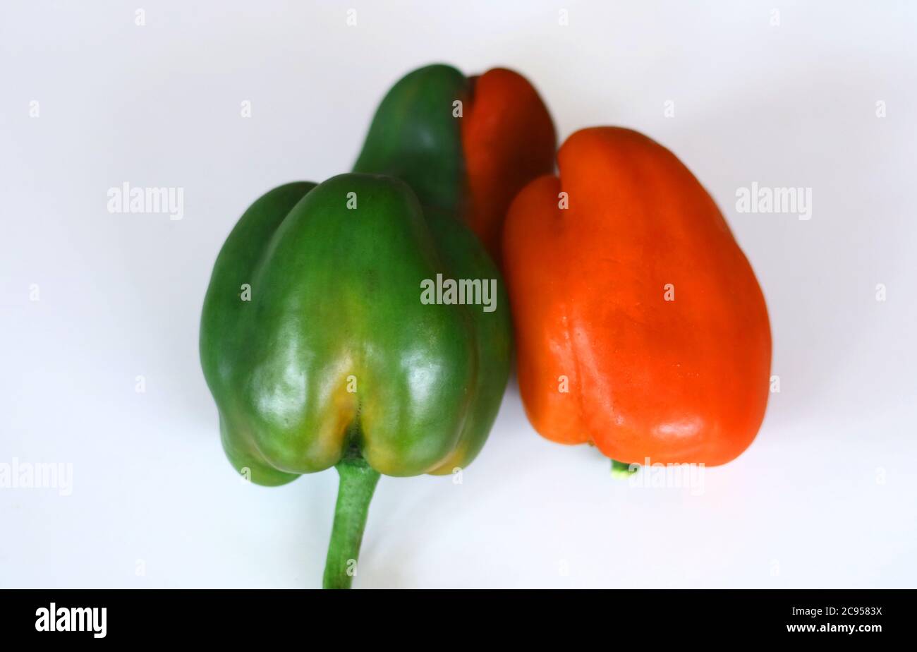 Red and green paprika on white background. Stock Photo