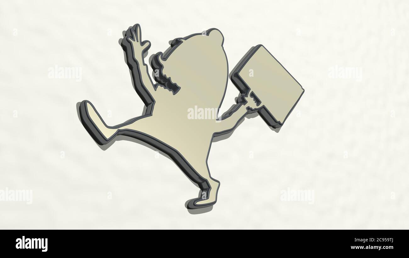 HAPPY MAN WITH BAG on the wall. 3D illustration of metallic sculpture