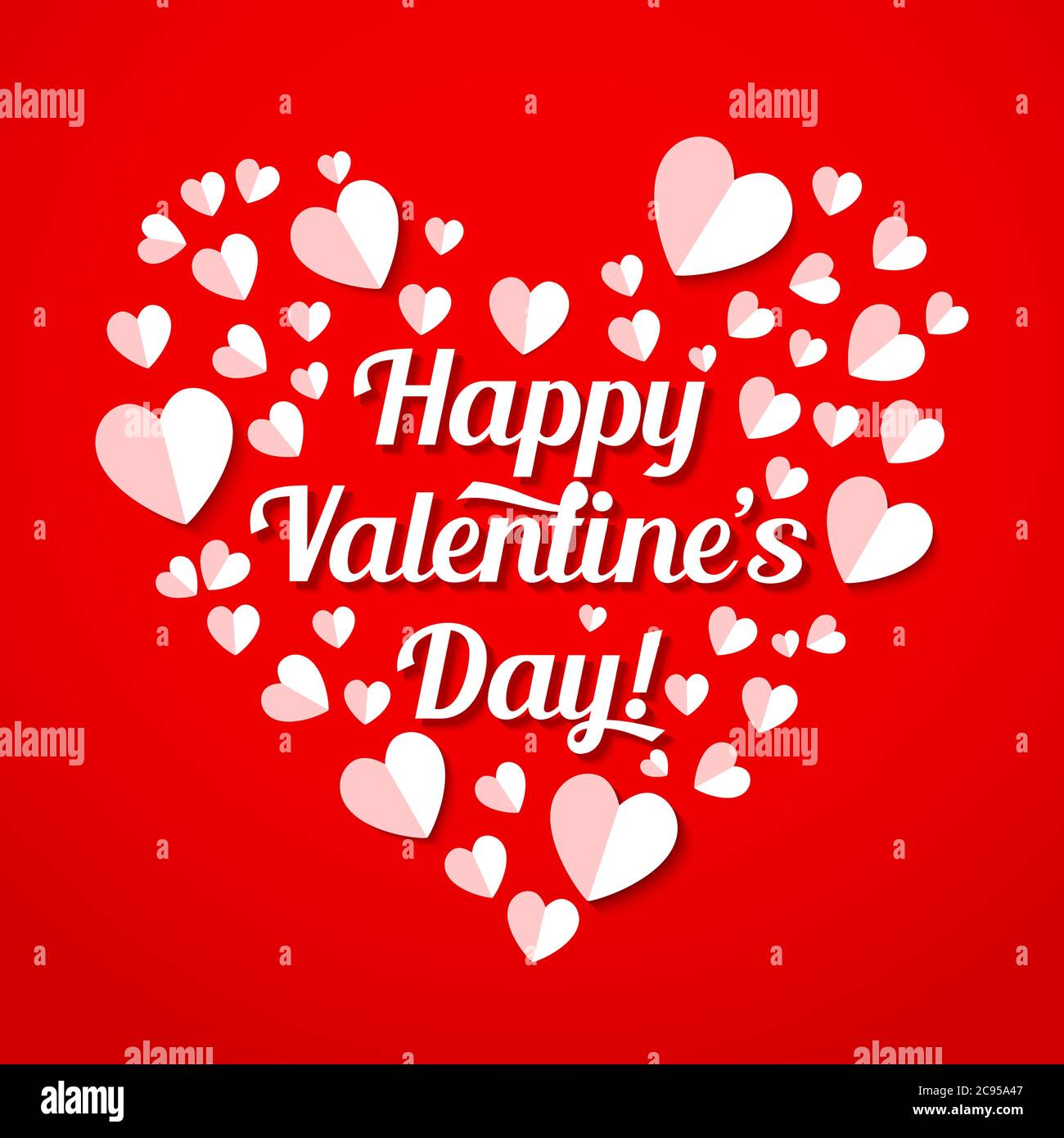 Vector Valentines Day illustration of paper hearts and lettering on red ...