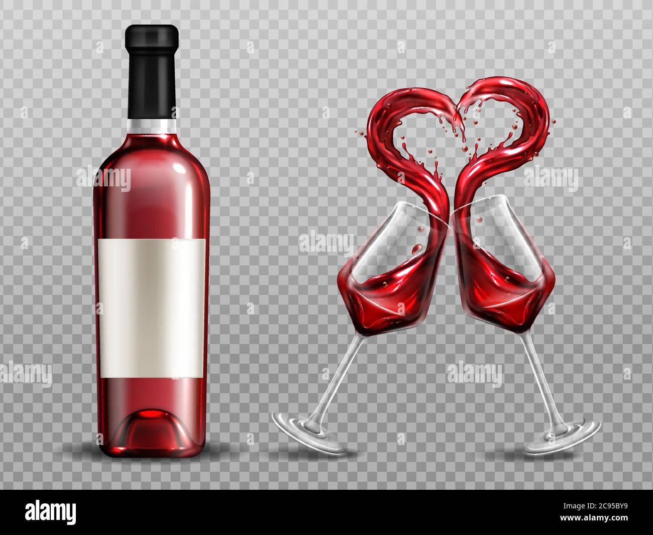 Red wine heart splash in wineglasses and close bottle. Full glasses with alcohol drink clinking