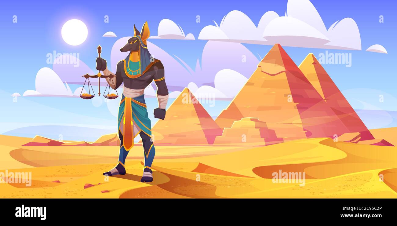 Anubis Egyptian god, ancient Egypt deity with human body and jackal head wearing royal pharaoh royal clothes holding scales with golden coins stand in desert with pyramids, Cartoon vector illustration Stock Vector