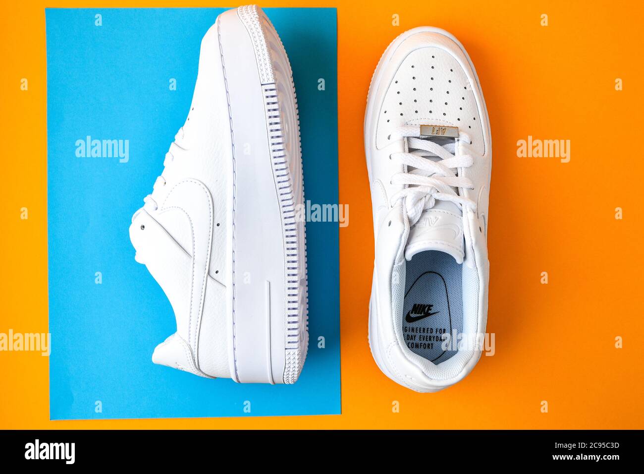 Zhytomyr Ukraine June 1 2020 Nike Air Force 1 Sage white sneakers product shot on color background. Illustrative editorial photo Stock Photo Alamy