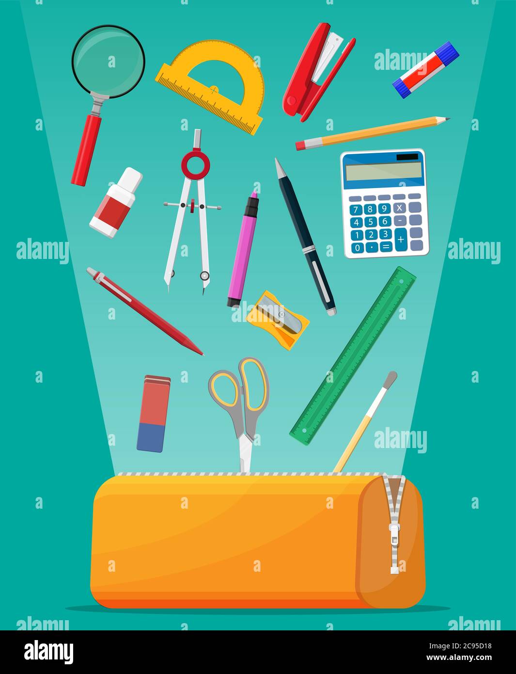 Open Pencil Case With Zipper Full Of Stationery Items Blue Bag With Supplies Back To School Concept Pen Ruler Calculator Eraser Scissors Brush Stapler Cartoon Flat Vector Illustration Stock Vector Image
