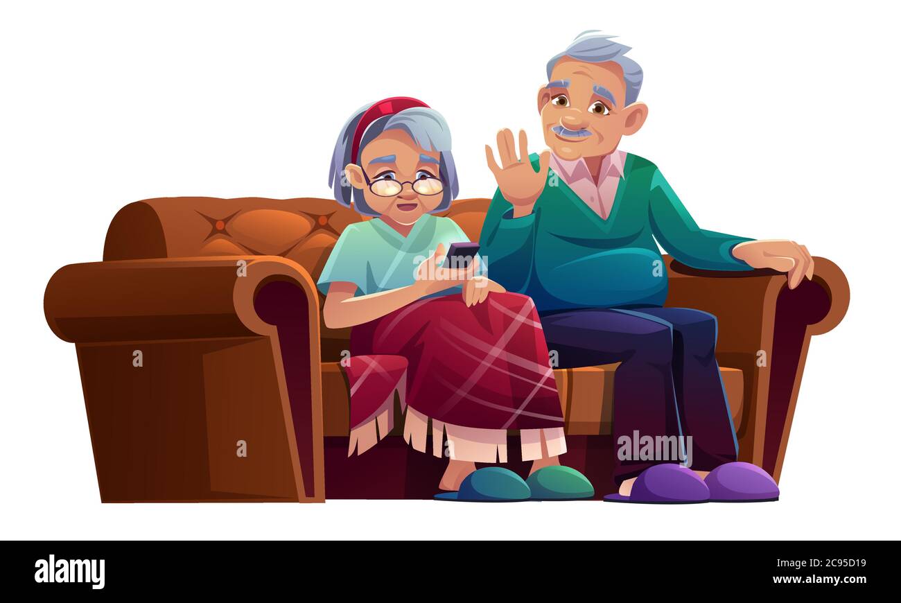 Senior man and woman talking by mobile phone sit on couch in nursing home. Old lady wrapped in plaid and aged grey haired pensioner relax on sofa use smartphone for chat, Cartoon vector illustration Stock Vector