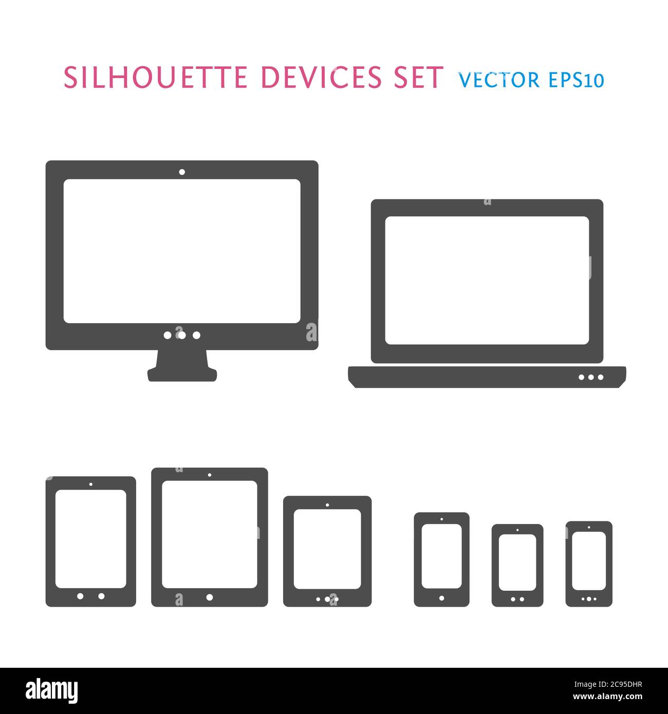Smartphone, desktop computer, laptop and tablet PC icons. Vector silhouette illustrations Stock Vector