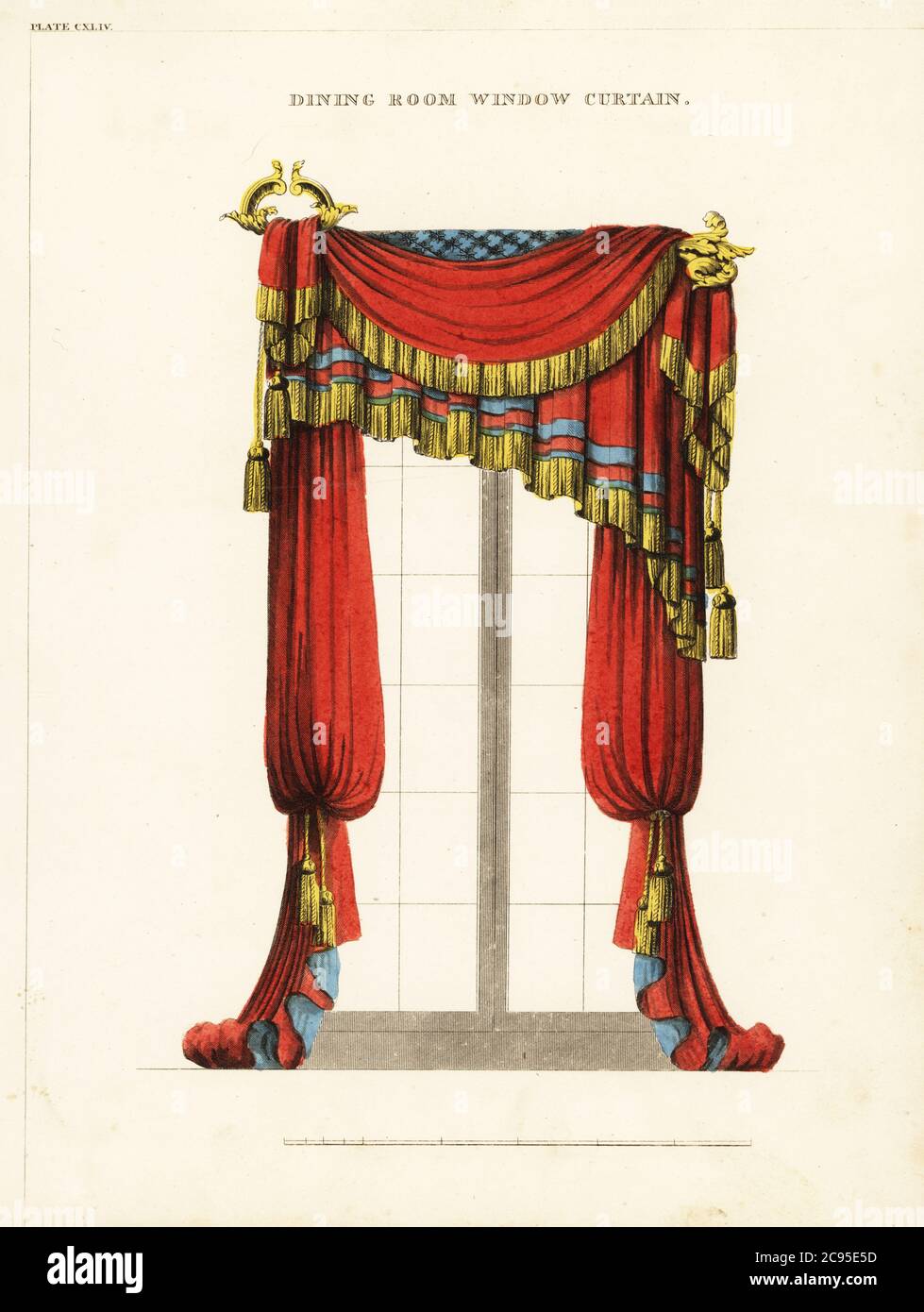 Dining room window curtains, Regency style. Fringed and tasseled drapes hung over ornate gilt curtain rods, with blue-lined curtains below. Handcoloured copperplate engraving from George Smith’s The Cabinet-Maker and Upholsterer’s Guide, Jones and Co., London, 1828. George Smith was upholsterer and furniture draughtsman to his Majesty (the Prince of Wales, later King George IV), circa 1786-1826. Stock Photo