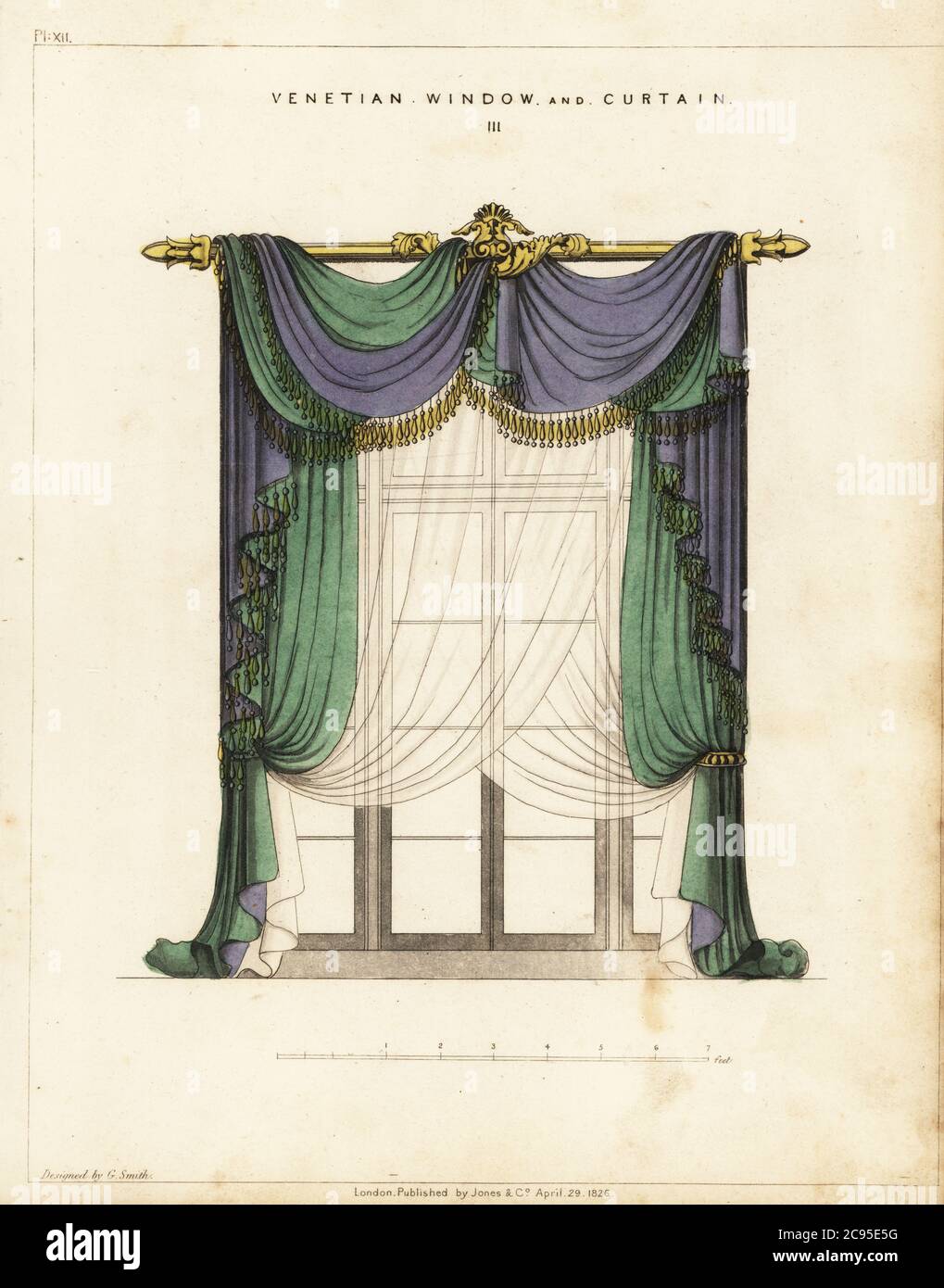 Venetian window and curtain, Regency style. Blue and green fringed curtains hanging from a gilt curtain rod with transparent curtains over the window. Handcoloured copperplate engraving from George Smith’s The Cabinet-Maker and Upholsterer’s Guide, Jones and Co., London, 1828. George Smith was upholsterer and furniture draughtsman to his Majesty (the Prince of Wales, later King George IV), circa 1786-1826. Stock Photo