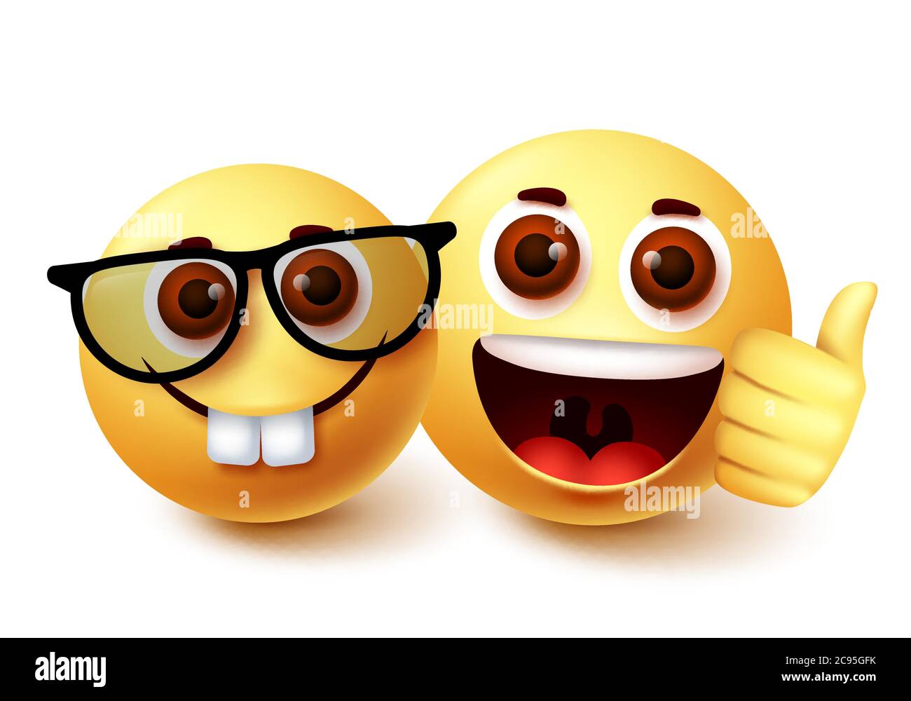 Smiley emoji of nerd friend vector character design. Clever weird emoji with presence of friend with happy facial expressions and thumbs up Stock Vector