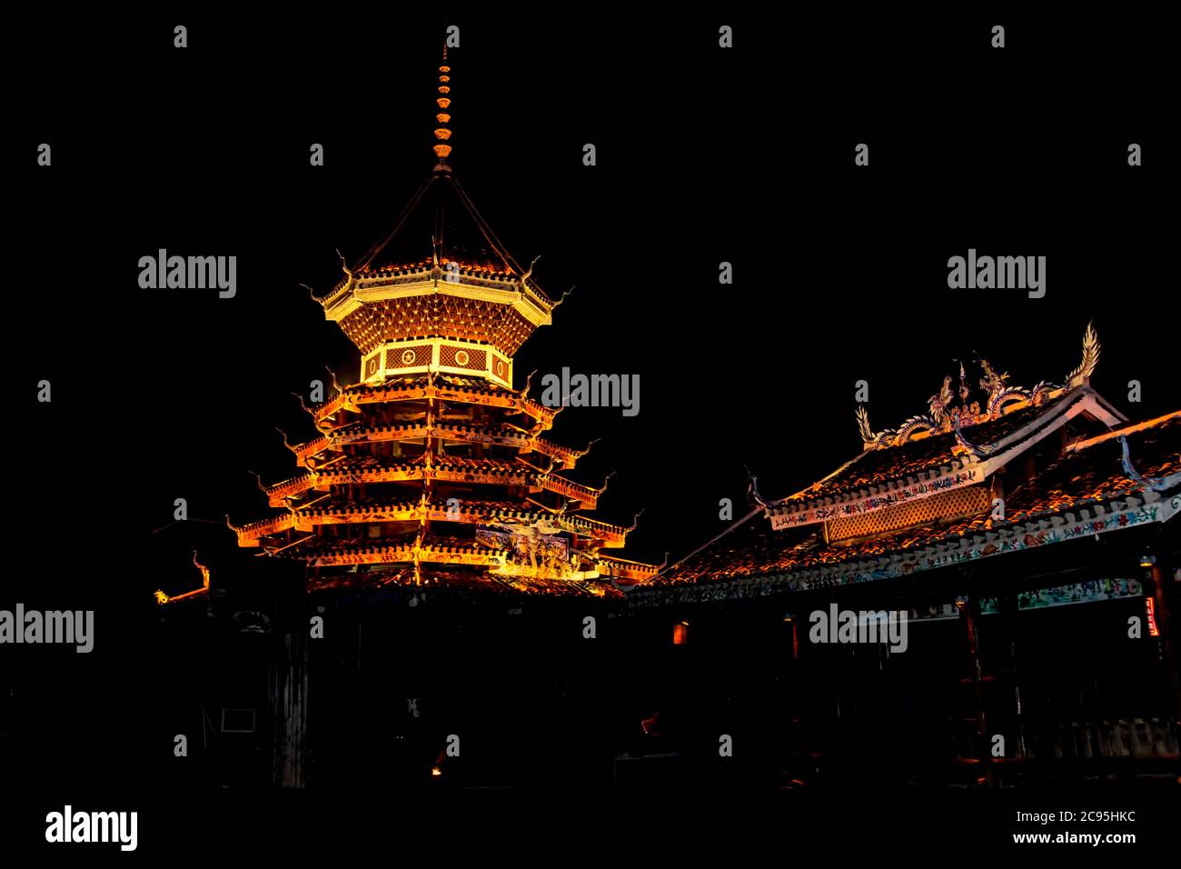 Illuminated Pagoda at night Photographed in China Stock Photo