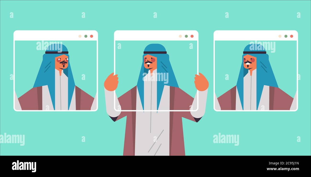 arab man holding web browser windows with different masks guy covering face emotions fake feeling depression mental disorder concept portrait horizontal vector illustration Stock Vector
