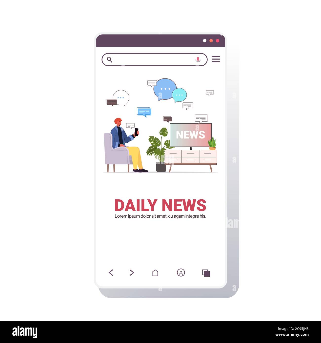 man watching tv and discussing daily news in mobile chatting app chat bubble communication concept smartphone screen mobile app portrait copy space vector illustration Stock Vector