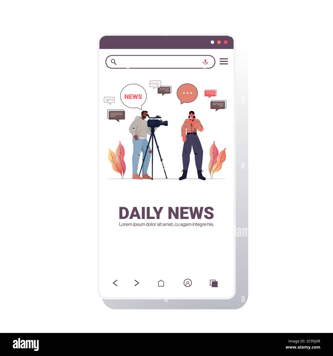 male operator with female reporter presenting live news journalist and cameraman doing report together movie making concept smartphone screen copy space vector illustration Stock Vector