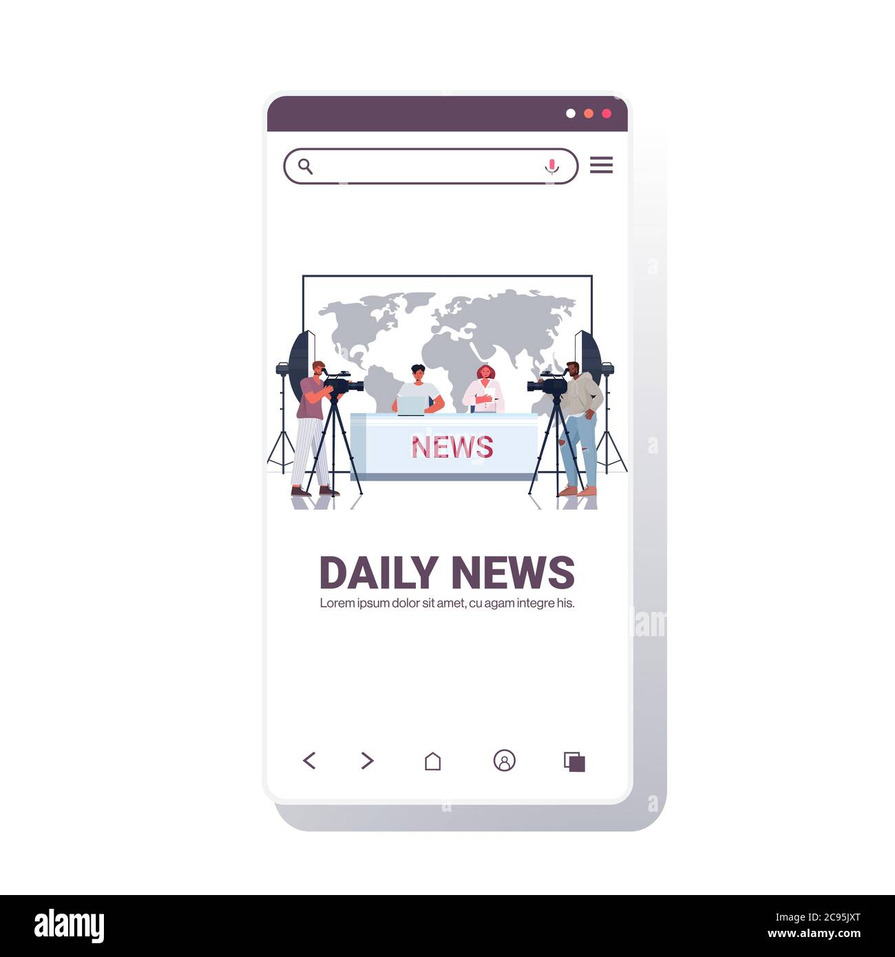 presenters broadcasting with cameramen on television people discussing daily news at modern tv studio smartphone screen mobile app full length copy space vector illustration Stock Vector