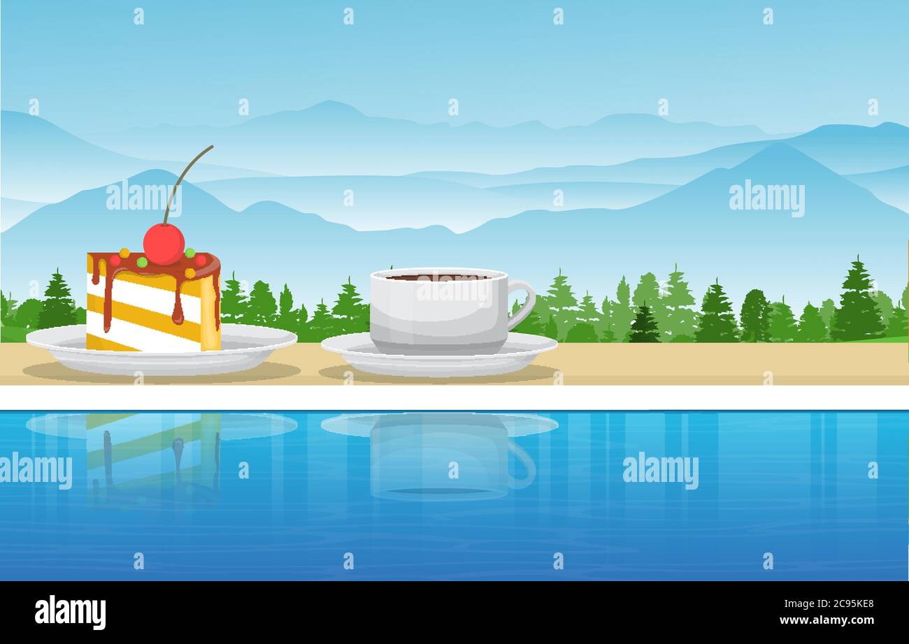 A Cup of Tea and Snack by Pool in Mountain Nature View Illustration Stock Vector