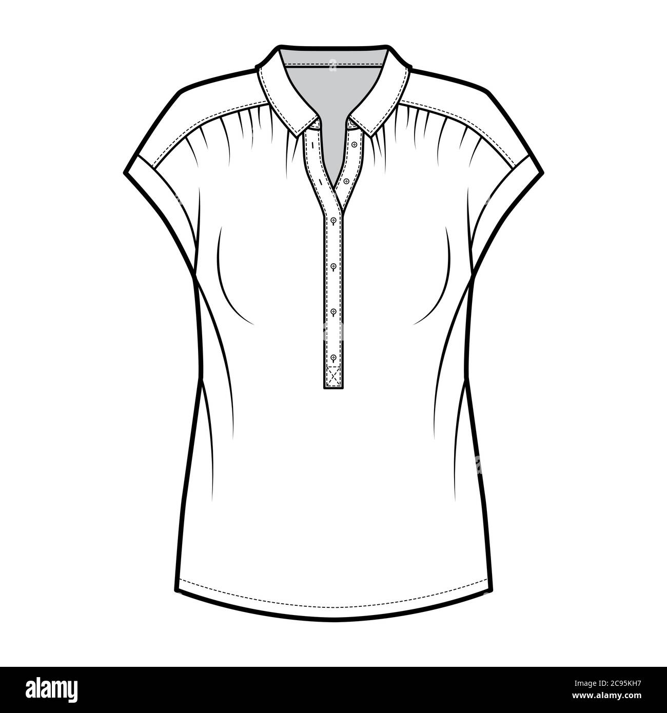 Henley top technical fashion illustration with loose silhouette, regular colar, sleeveless, gentle pleats. Flat blouse apparel template front, white color. Women, men unisex shirt CAD mockup Stock Vector