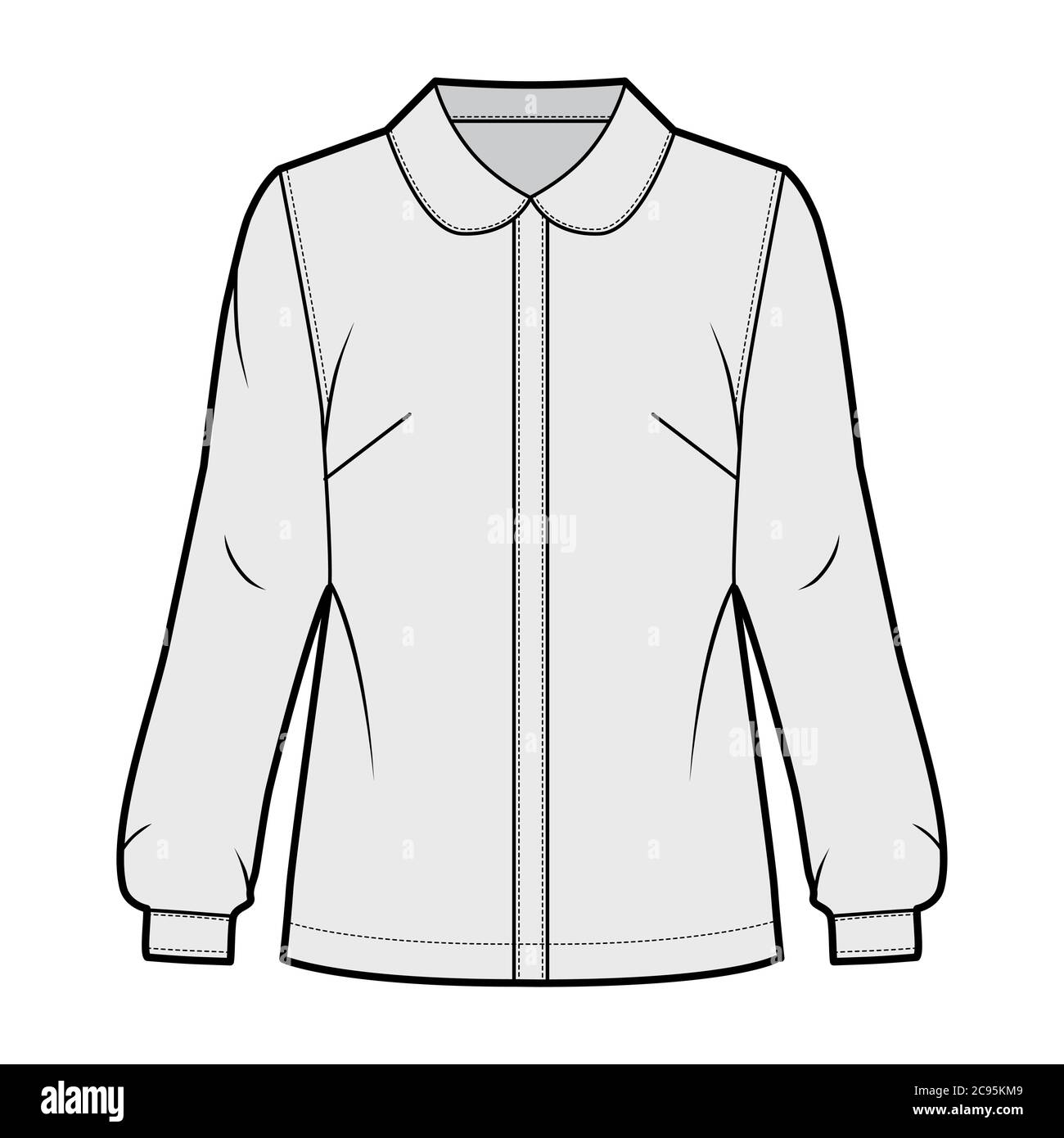 Round collar shirt technical fashion illustration with loose silhouette,  long sleeve with cuff, front button fastening. Flat apparel blouse template  front, grey color. Women, men unisex top CAD mockup Stock Vector Image