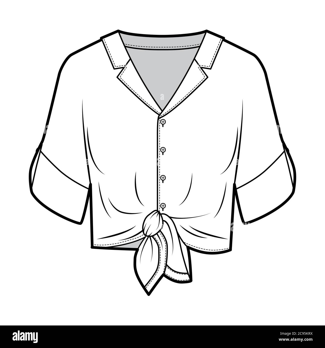 Tiefront blouse technical fashion illustration with lapel notched