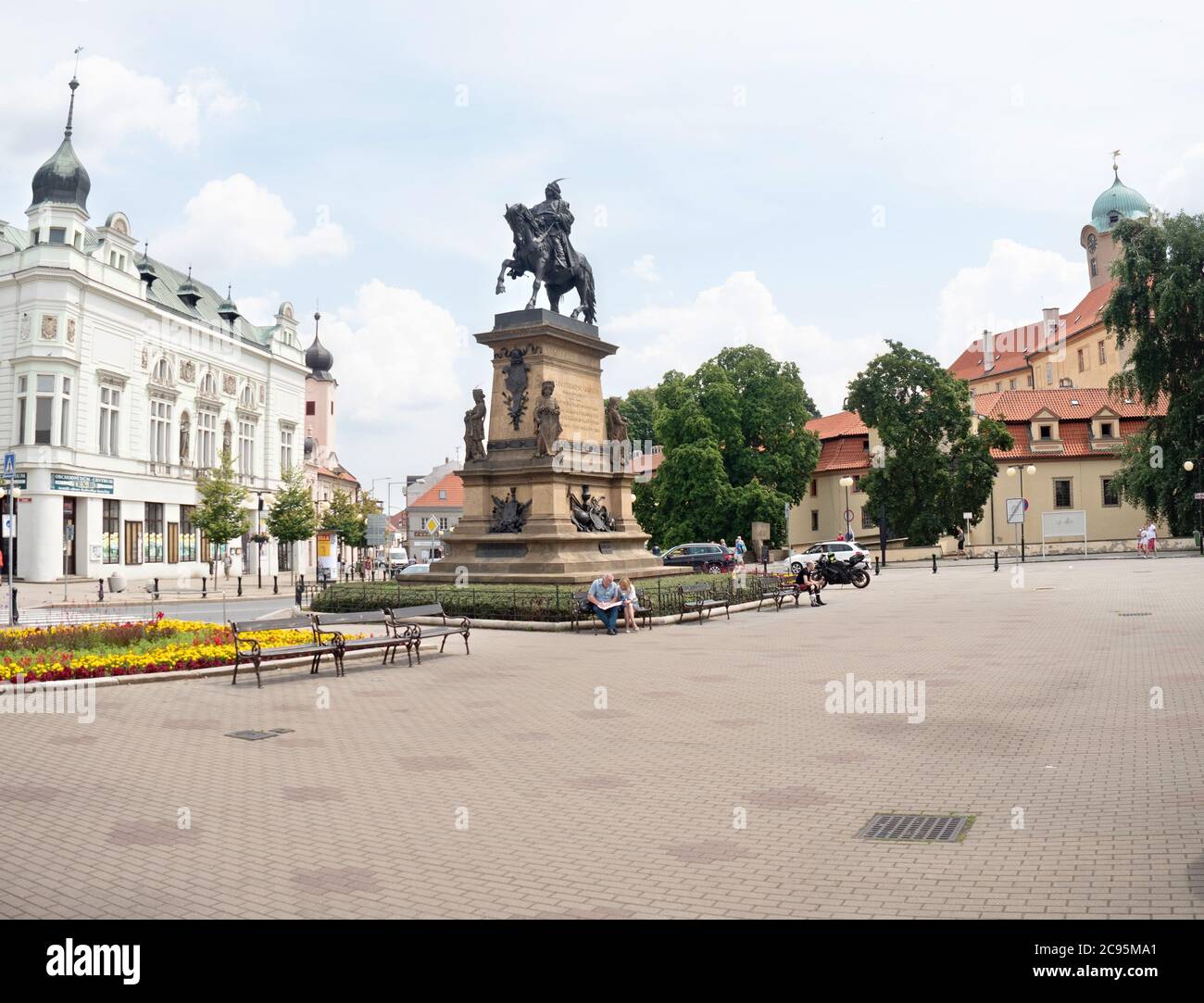 July 20th 2020, Podebrady, Czechia. Square of King George of Podebrady with his equestrian statue Stock Photo