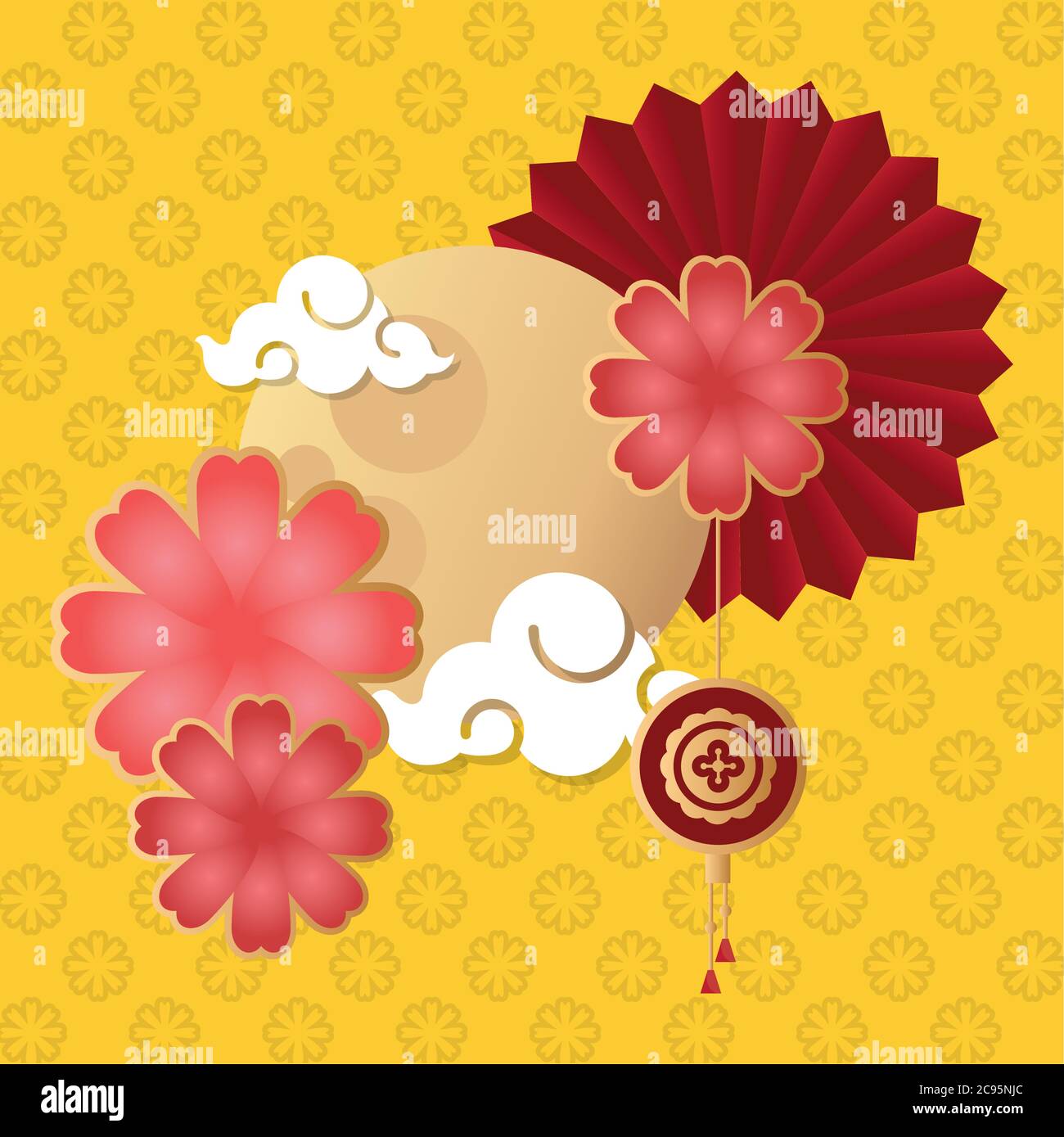 mid autumn festival poster with moon and flowers vector illustration ...