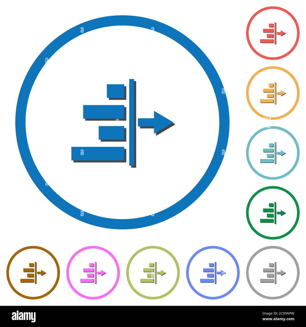 Decrease right indentation of content flat color vector icons with shadows in round outlines on white background Stock Vector