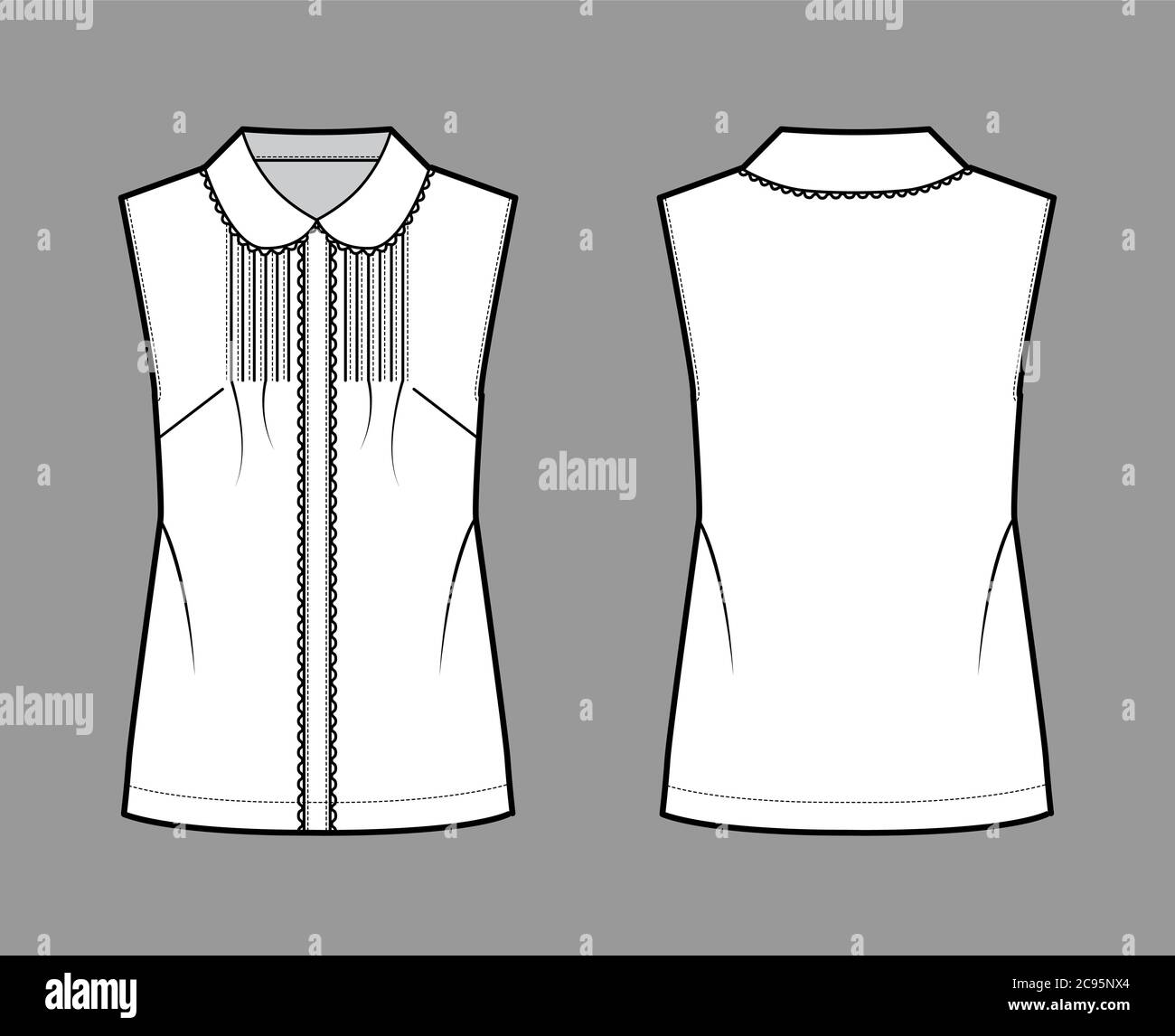 Pintucked blouse technical fashion illustration with round collar, scalloped lace, sleeveless, loose silhouette. Flat shirt apparel template front back white color. Women, men unisex top CAD mockup Stock Vector