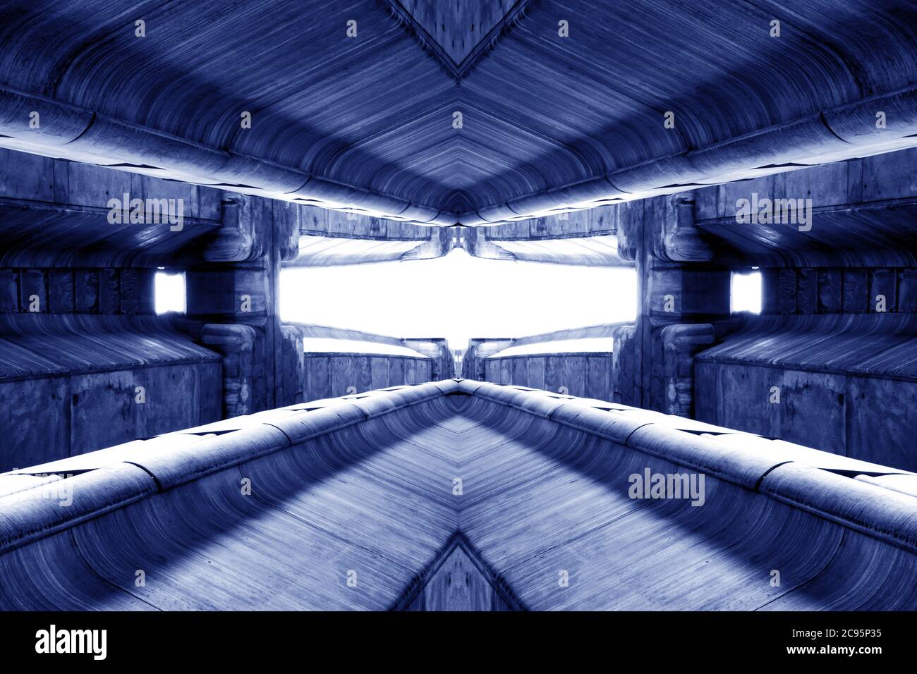 structure of public building similar to futuristic terminal of spaceship station interior in blue light. modern inspiration of architecture, train sta Stock Photo