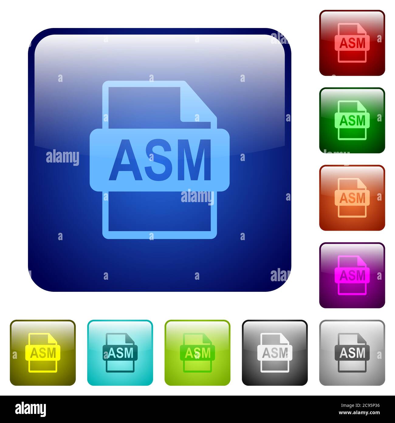 ASM file format icons in rounded square color glossy button set Stock Vector