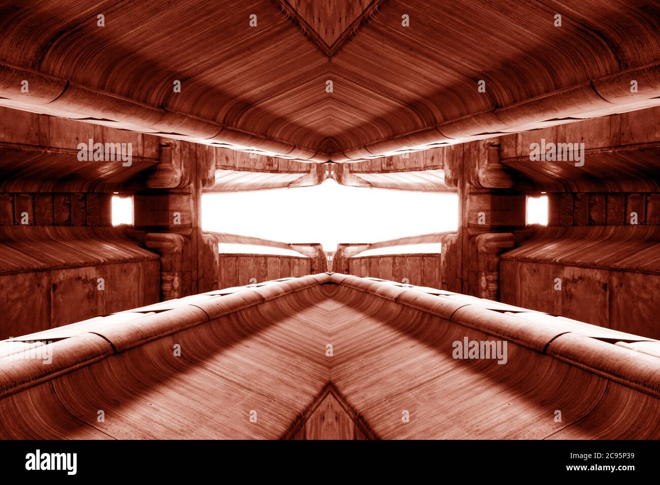 structure of public building similar to futuristic terminal of spaceship station interior in red light. modern inspiration of architecture, train stat Stock Photo