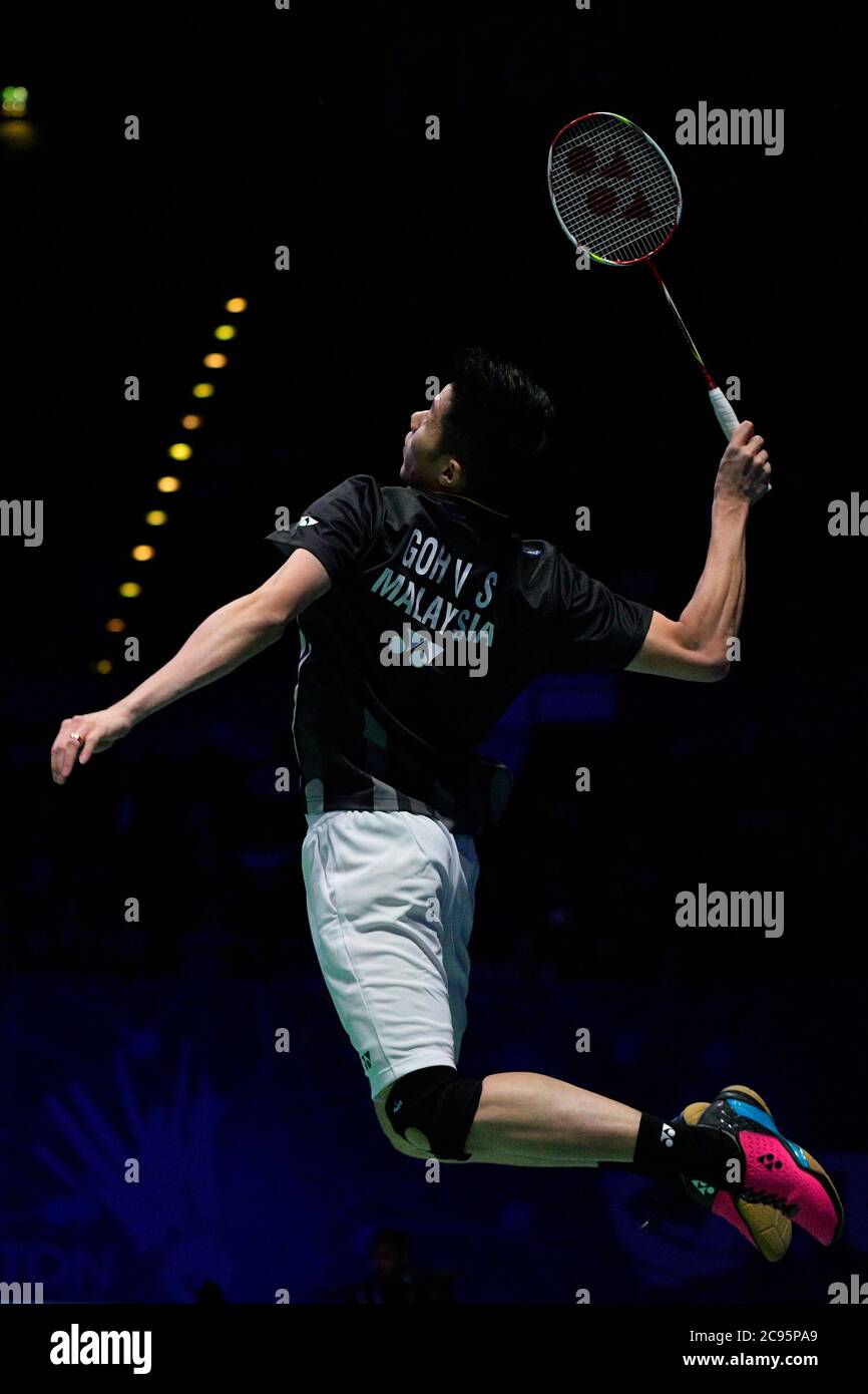 Goh V Shem with partner Tan Wee Kiong of Malaysia in action during the men's double Yonex All England Open Badminton Championships. Day 3 at Arena Birmingham. Stock Photo