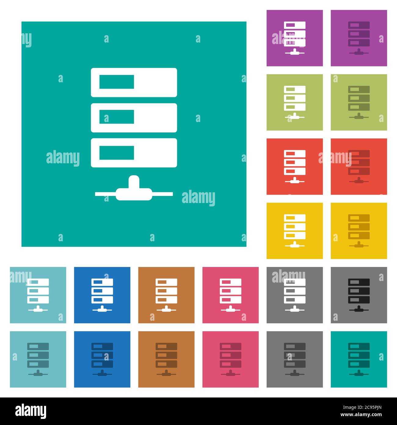 Data network multi colored flat icons on plain square backgrounds. Included white and darker icon variations for hover or active effects. Stock Vector