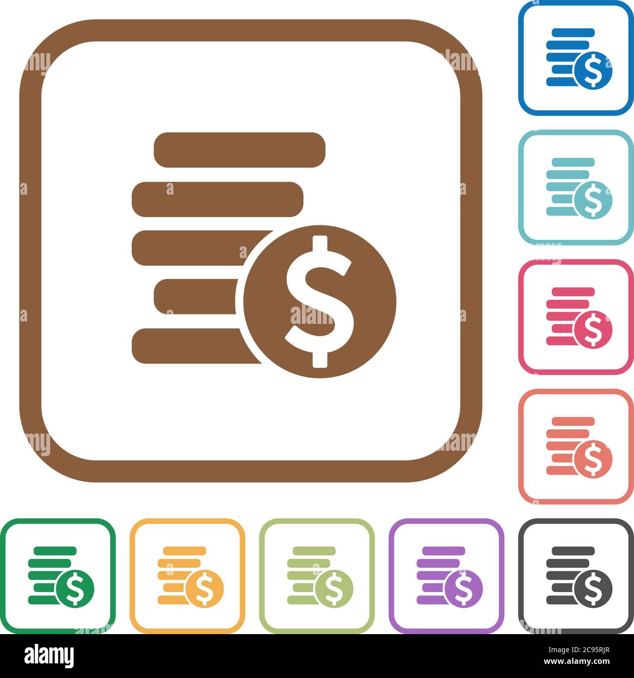 Dollar coins simple icons in color rounded square frames on white ...