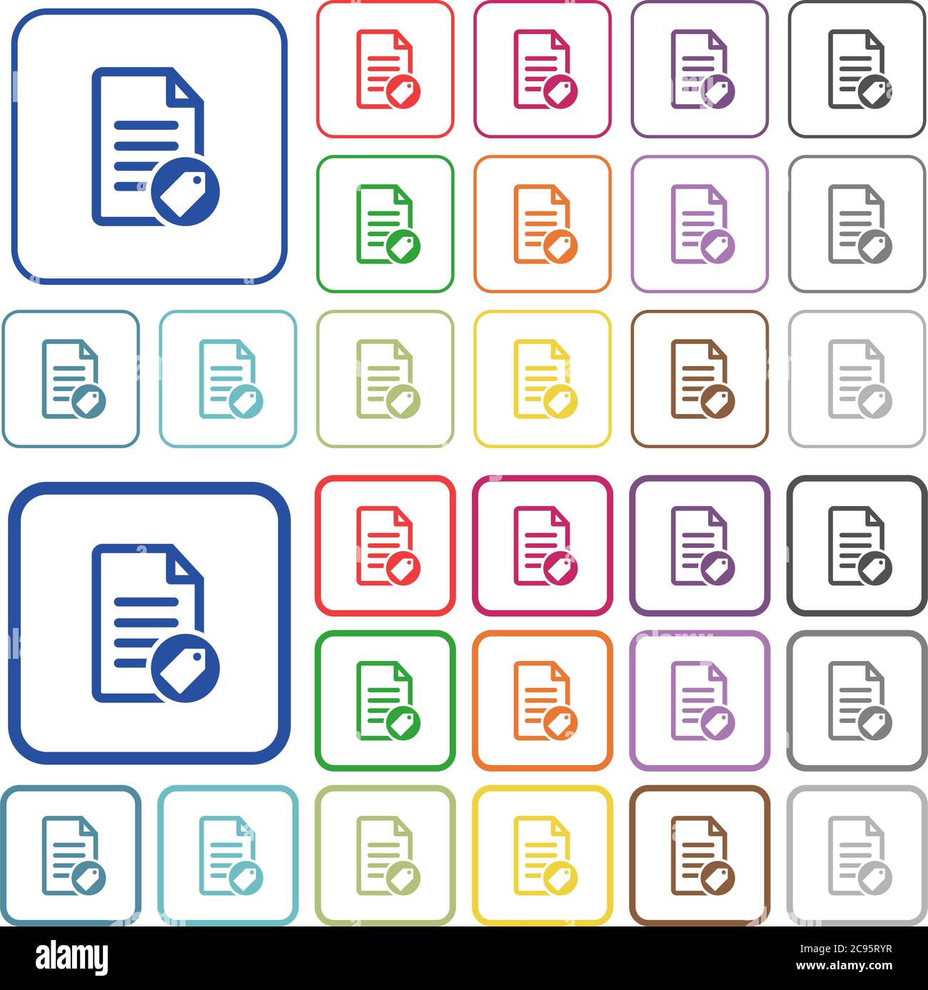 Tagging document color flat icons in rounded square frames. Thin and thick versions included. Stock Vector