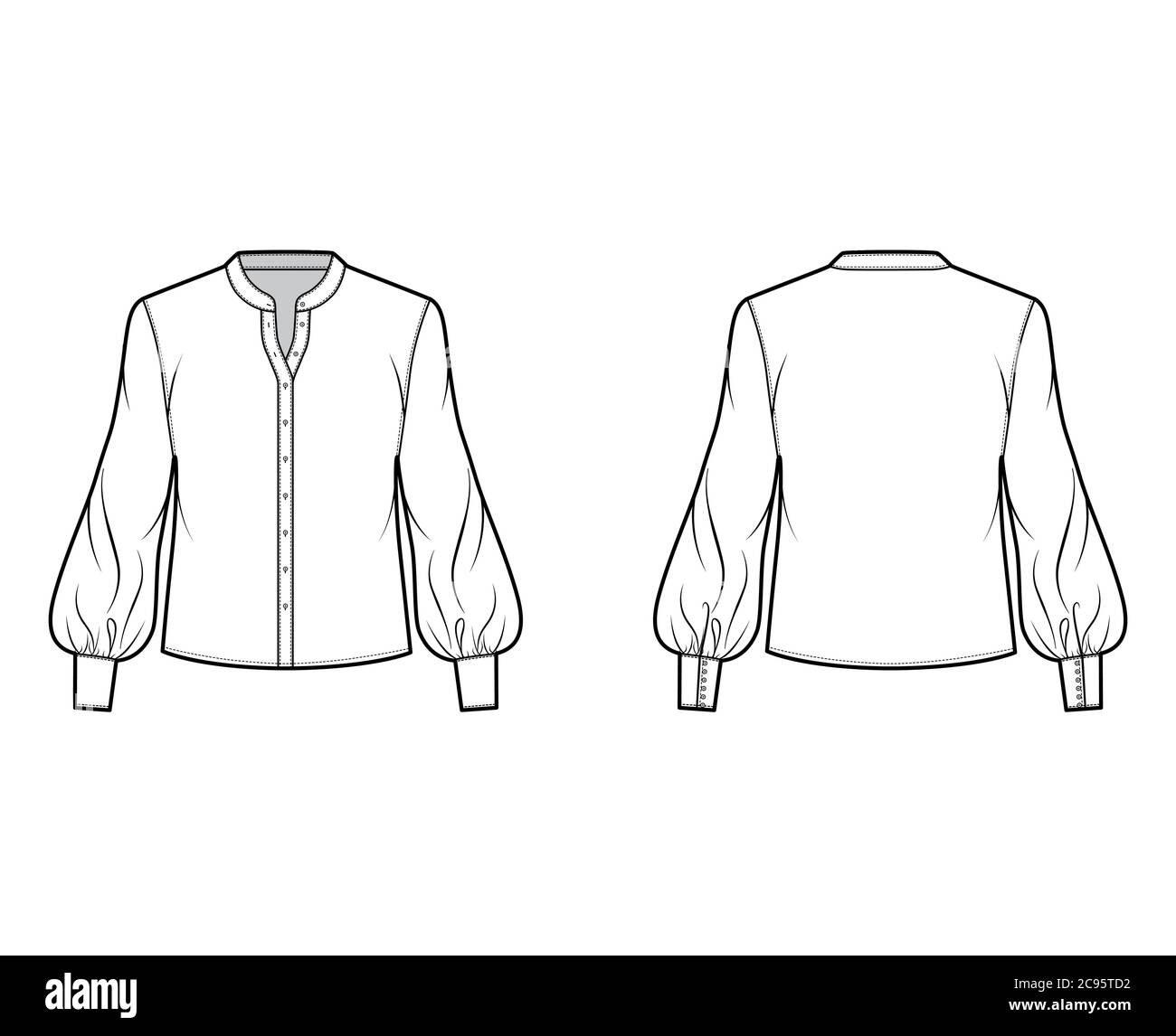 Stand collar shirt technical fashion illustration with long bishop ...