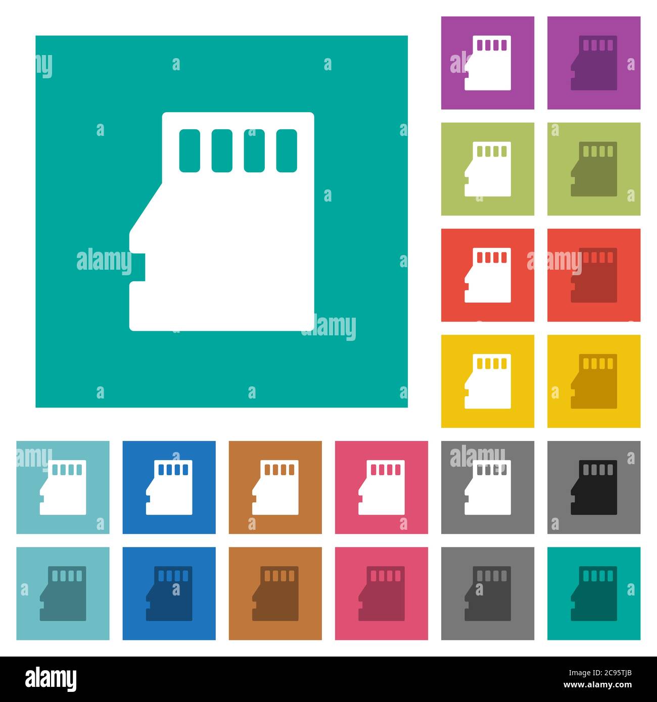 Micro SD memory card multi colored flat icons on plain square backgrounds. Included white and darker icon variations for hover or active effects. Stock Vector