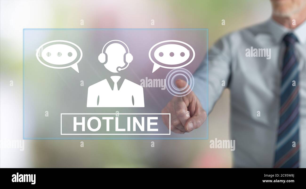 Man touching a hotline concept on a touch screen with his finger Stock ...