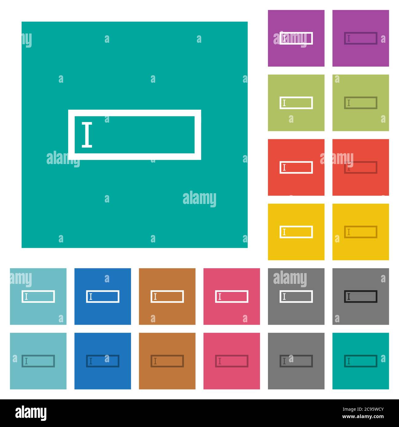 Editbox with editing cursor multi colored flat icons on plain square backgrounds. Included white and darker icon variations for hover or active effect Stock Vector