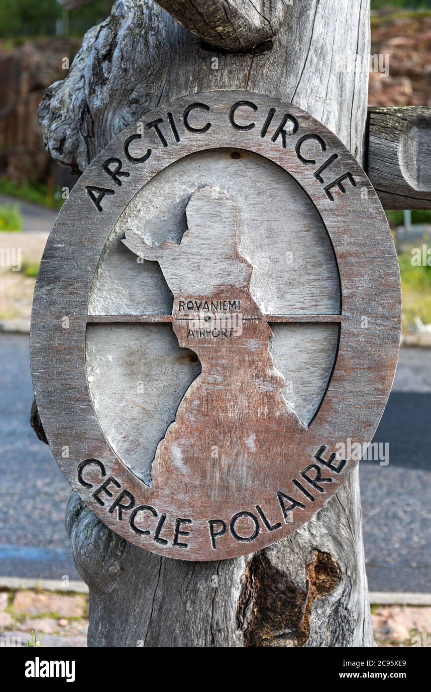 Arctic Circle, a wooden placard in front of Rovaniemi airport, Northern Finland Stock Photo