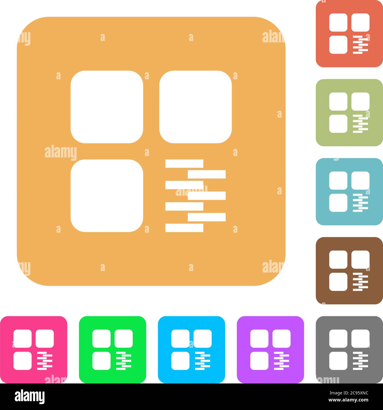 Zip component flat icons on rounded square vivid color backgrounds. Stock Vector