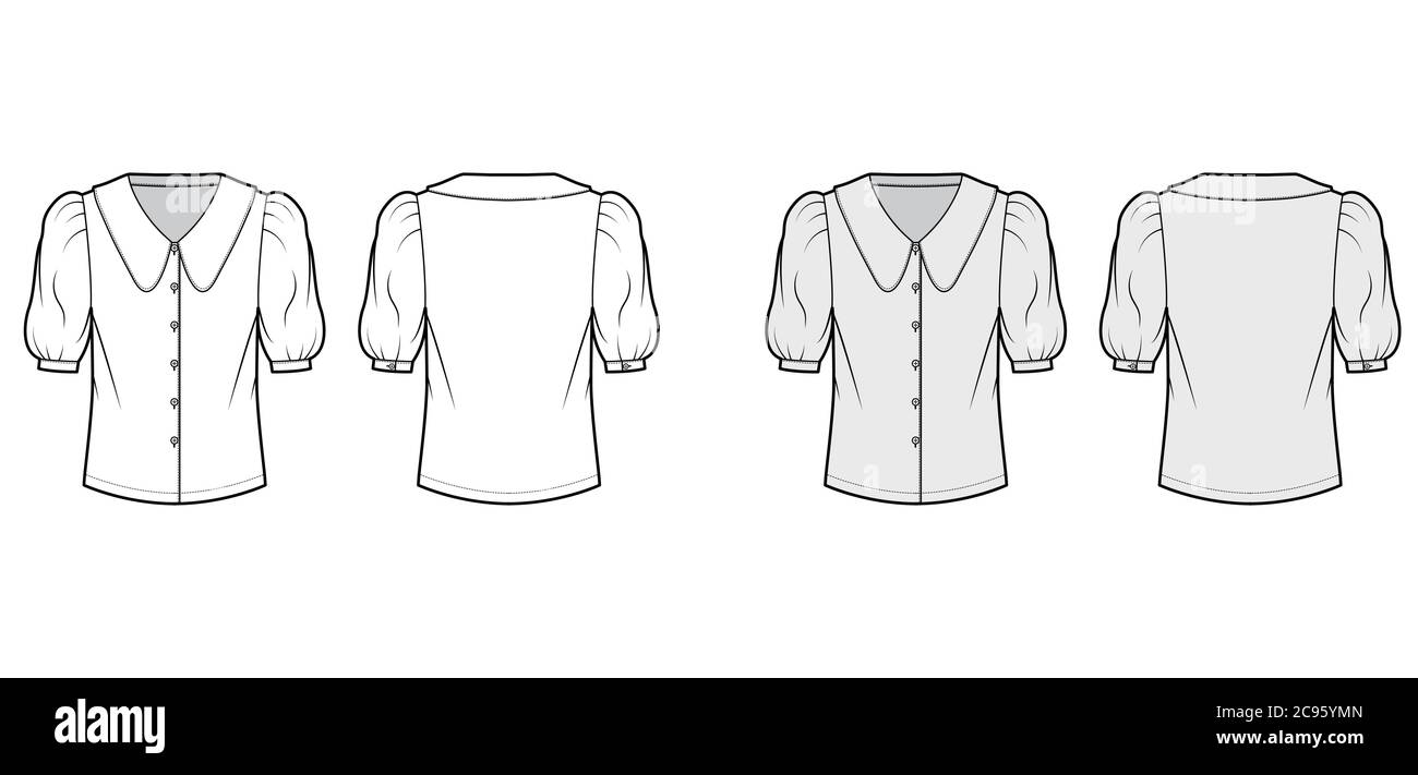 Scalloped collar shirt technical fashion illustration with elbow puff sleeve, front button-fastening, loose silhouette. Flat blouse apparel template front back white grey color. Women, men unisex top Stock Vector